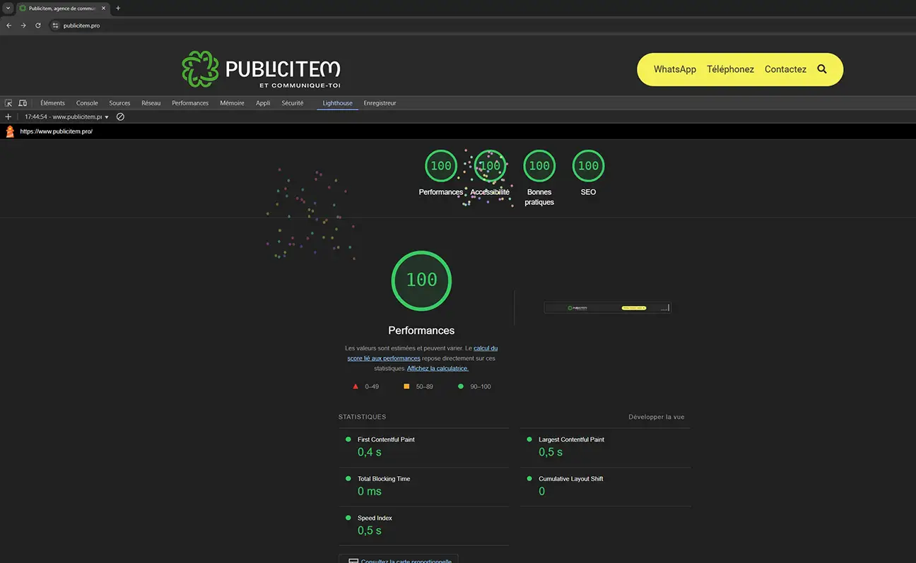 Lighthouse semble apprécier le travail de Publicitem quant à ses métriques sur desktop